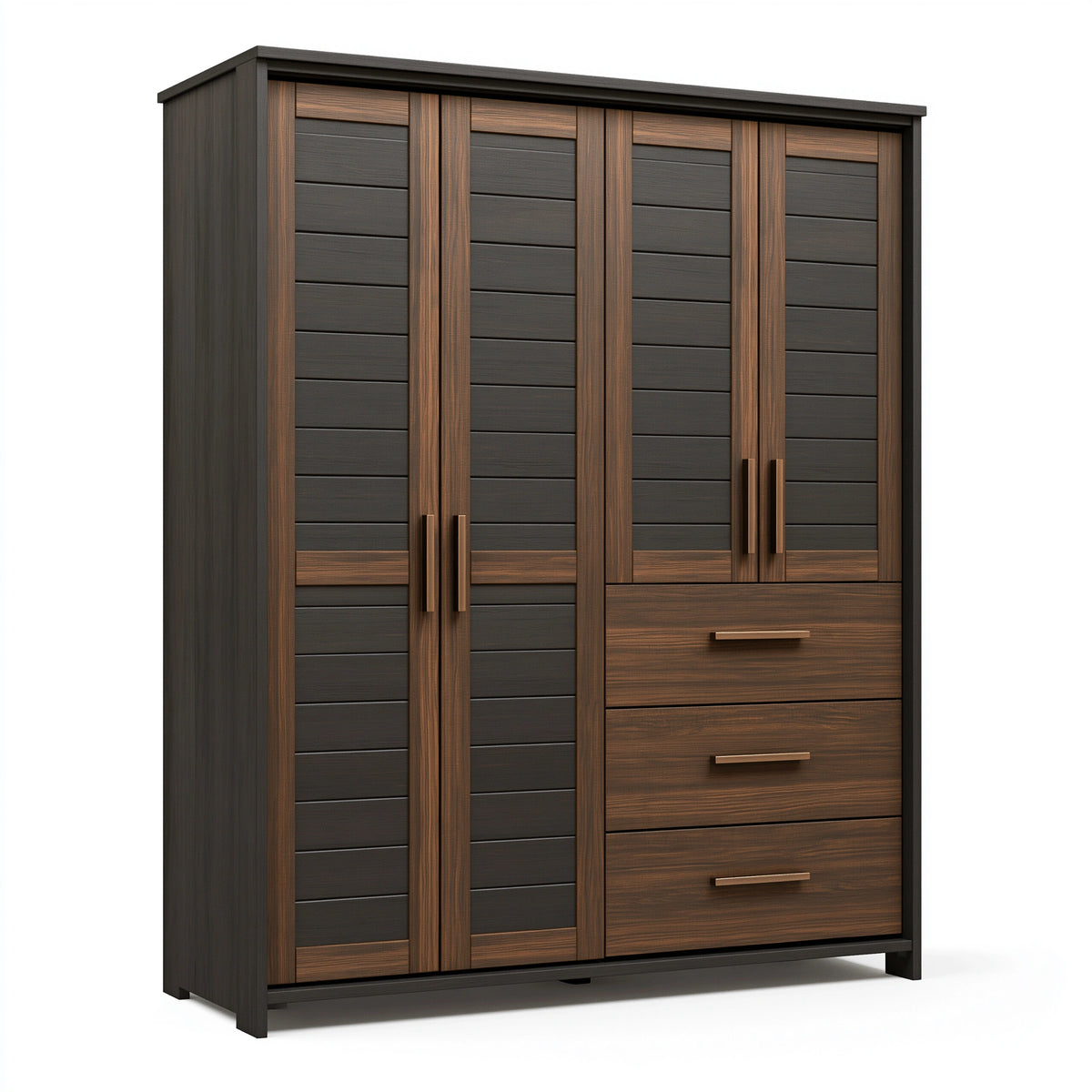 Kleiderschrank 200 x 60 x 220 cm aus Holzwerkstoff Braun/Schwarz mit 4 Türen und 3 Schubladen im modernen Stil