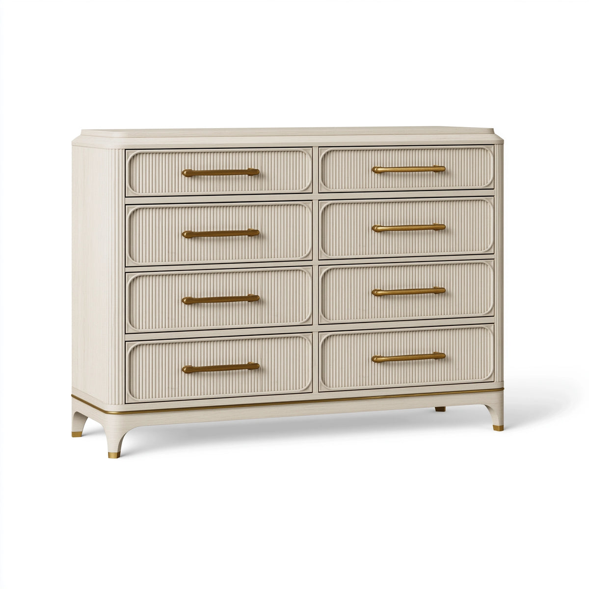 Kommode 140 x 45 x 100 cm in Creme Holzoptik mit 8 Schubladen und goldfarbenen Griffen