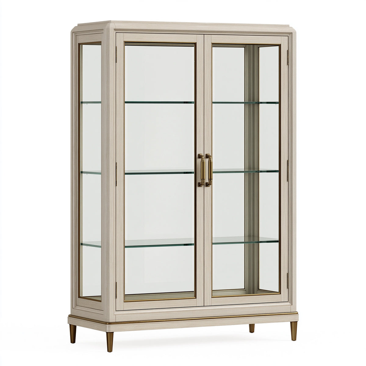 Vitrine 100 x 45 x 190 cm in Beige mit Glas Türen und goldfarbenen Details im klassischen Stil