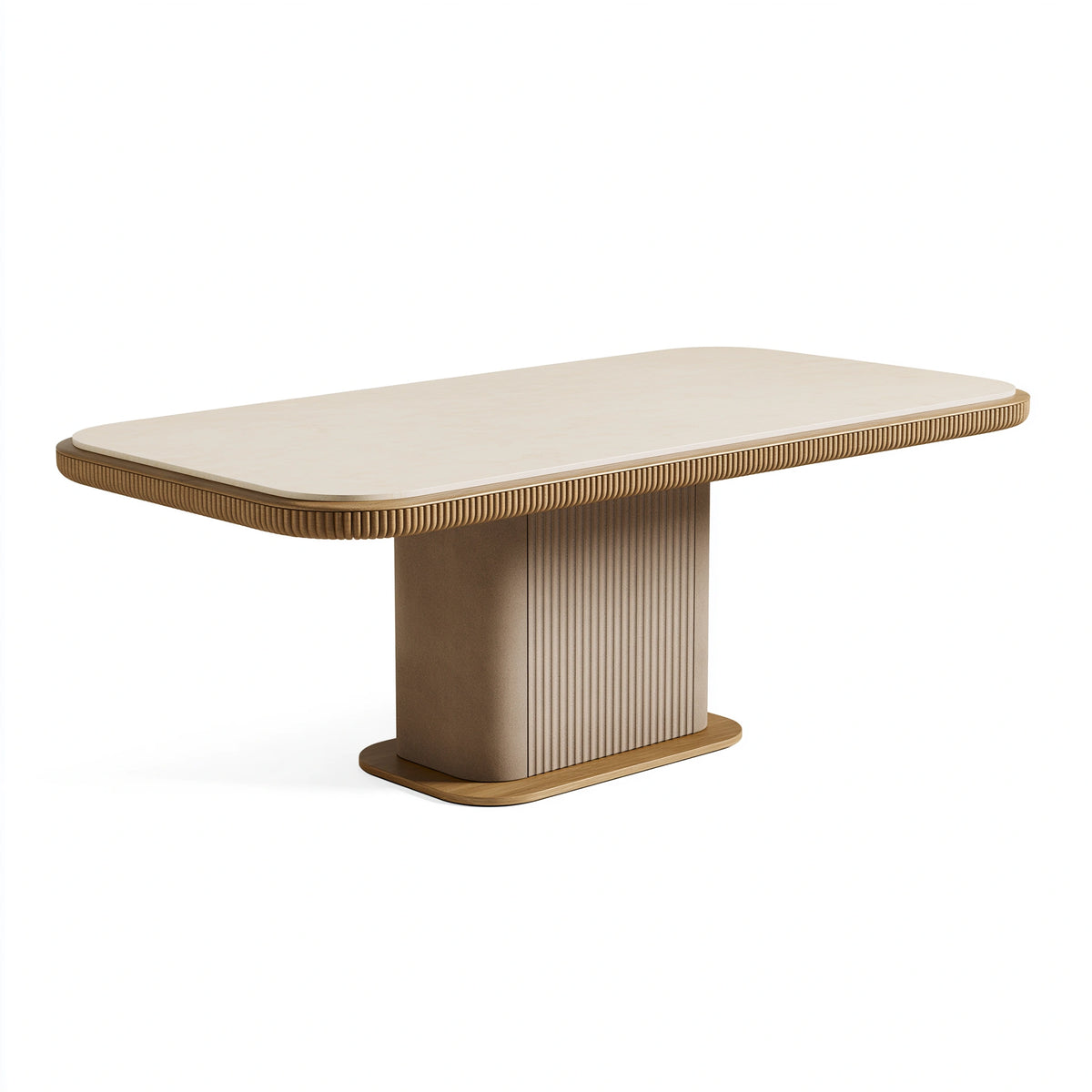 Esstisch 200 x 100 x 75 cm in Beige/Braun mit Keramikplatte und geriffeltem Holzsockel